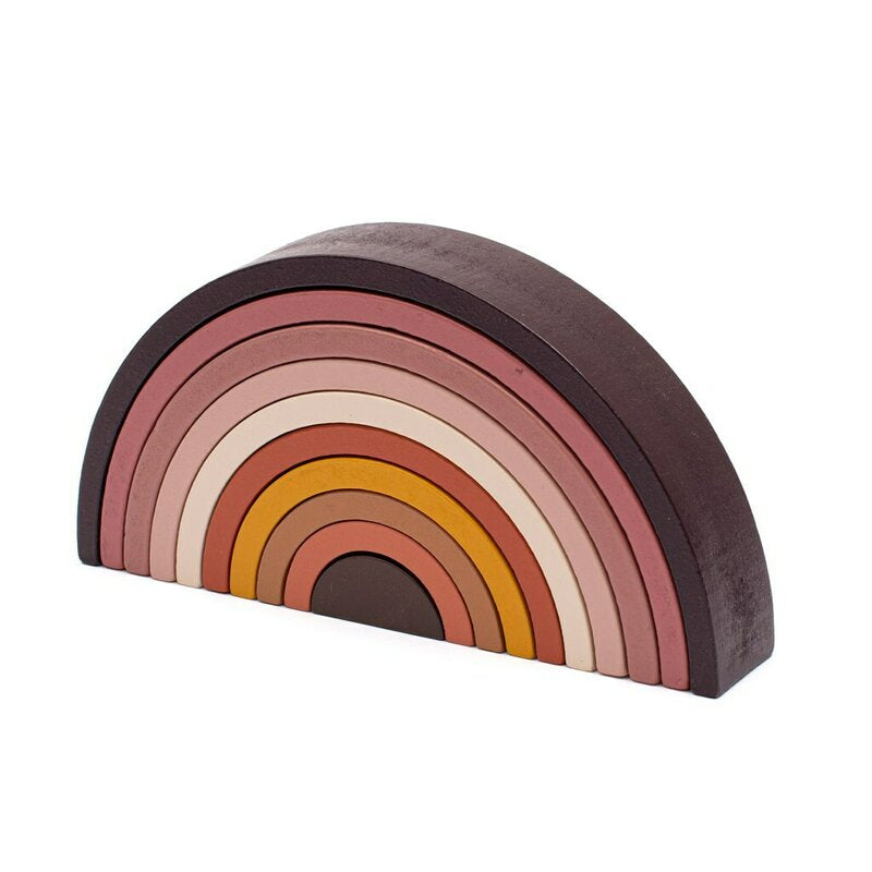 Jucarie pentru stivuire Montessori, Baby Mix, Curcubeu, Stimuleaza abilitatile motorii fine si coordonarea ochi-mana, Din lemn, 7 piese, Brown