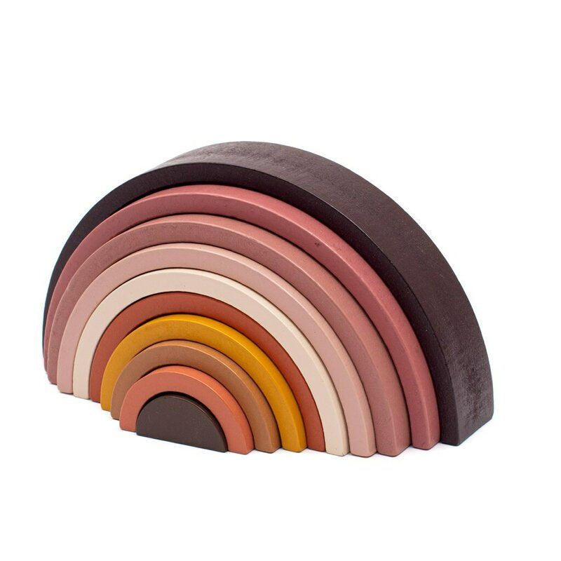 Jucarie pentru stivuire Montessori, Baby Mix, Curcubeu, Stimuleaza abilitatile motorii fine si coordonarea ochi-mana, Din lemn, 7 piese, Brown