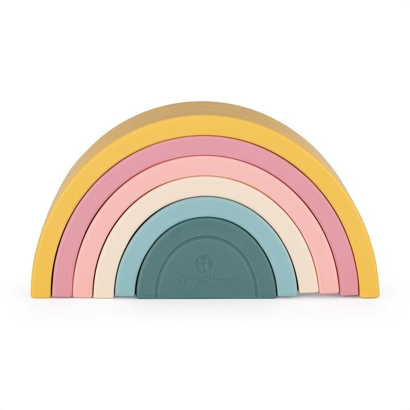Jucarie pentru stivuire, Petite&Mars, Curcubeu, 14x7.5x5 cm, Silicon, Fara BPA, 6 piese, 12 luni+, Galben