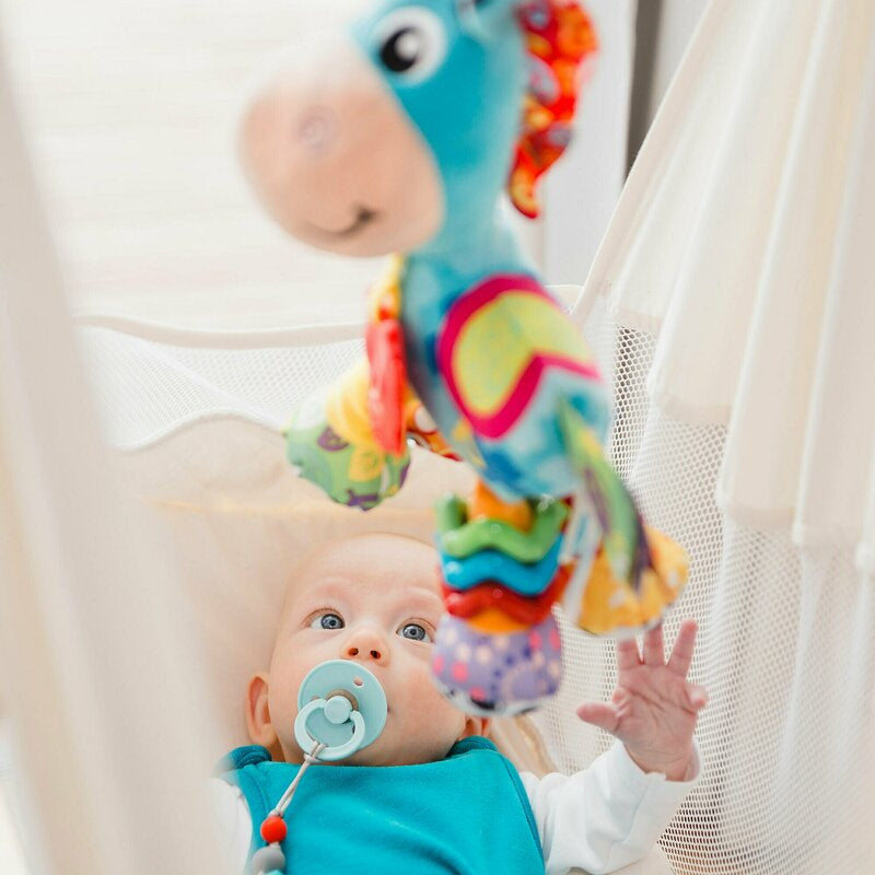 Jucarie, Playgro, Pentru carucior, scoica auto si patut, Cu jucarie de dentitie, Cu sunete, Activity Friend Clip Clop, 39 cm