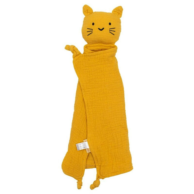 Jucarie textila New Baby Baby Cat 30x30 cm, Mustar – jucăria cu pisică și colțuri înnodate