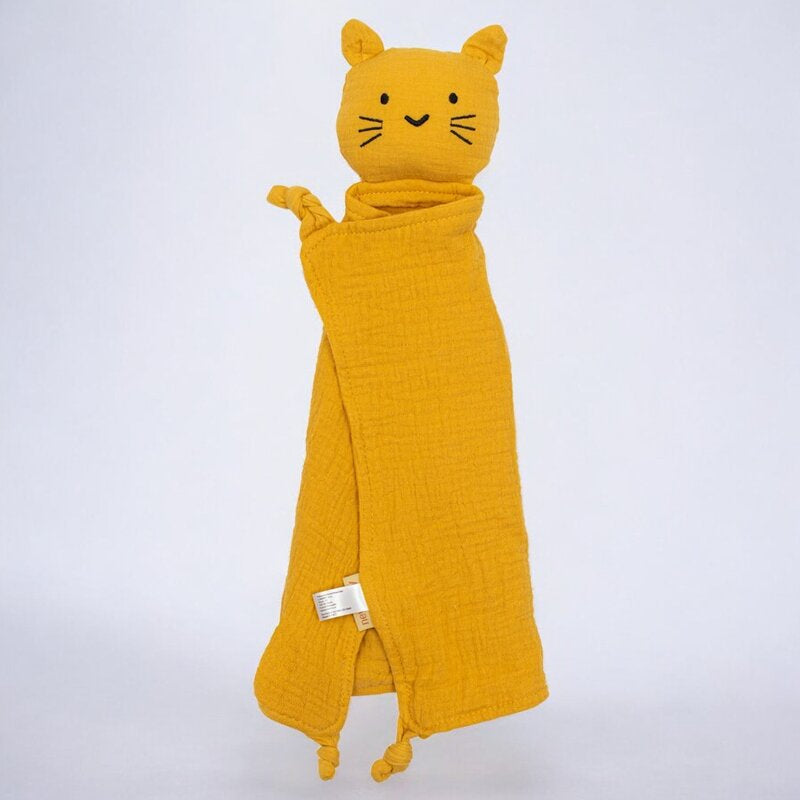 Jucarie textila, New Baby, Baby Cat, Pentru bebelusi, Moale, Din muselina, 100% bumbac,30x30 cm, Mustard