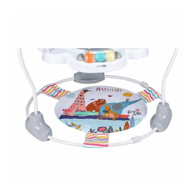Jumper interactiv, FreeON, Jump&Play, Cu scaun rotativ la 360 grade, Reglabil pe inaltime, Cu melodii, lumini si jucarii, Conform cu standardul european de securitate EN 14036:2003, Multicolor