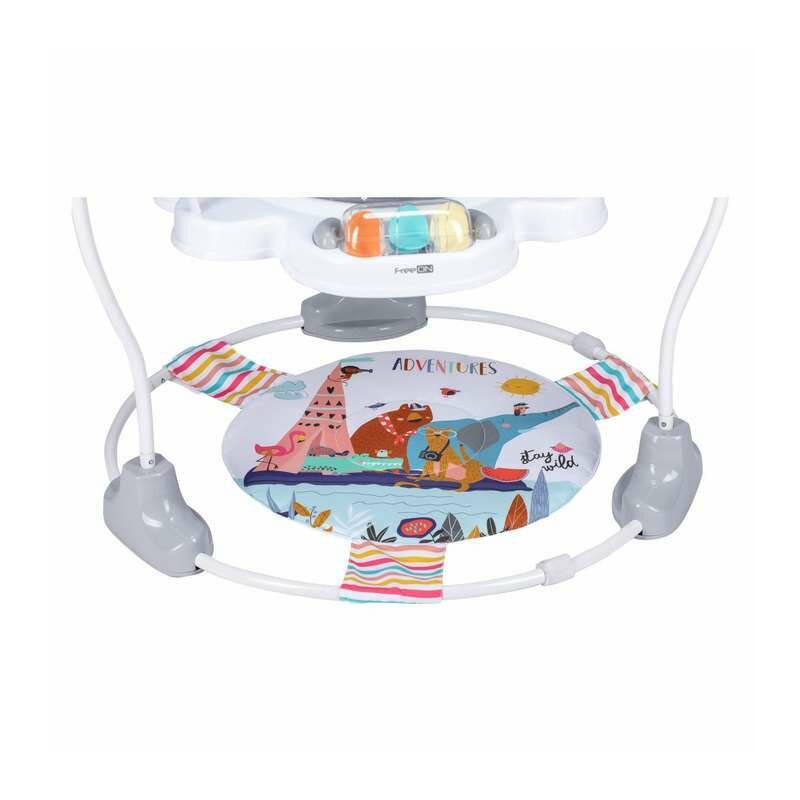 Jumper interactiv, FreeON, Jump&Play, Cu scaun rotativ la 360 grade, Reglabil pe inaltime, Cu melodii, lumini si jucarii, Conform cu standardul european de securitate EN 14036:2003, Multicolor