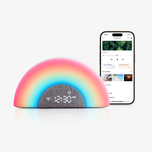 Lampă de Veghe Curcubeu Smart Momcozy cu Lumină Reglabilă, Sunete și Aplicație