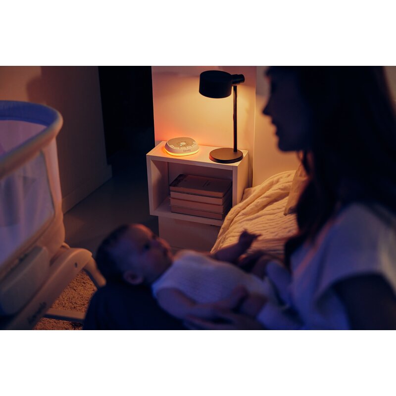 Lampa de veghe, Lionelo, BabyNap, 2 in 1, Wireless, Cu sunete si melodii de leagan, Cu 11 culori si 3 niveluri de luminozitate, Cu functie de redare si inregistrare batai inima, Alb