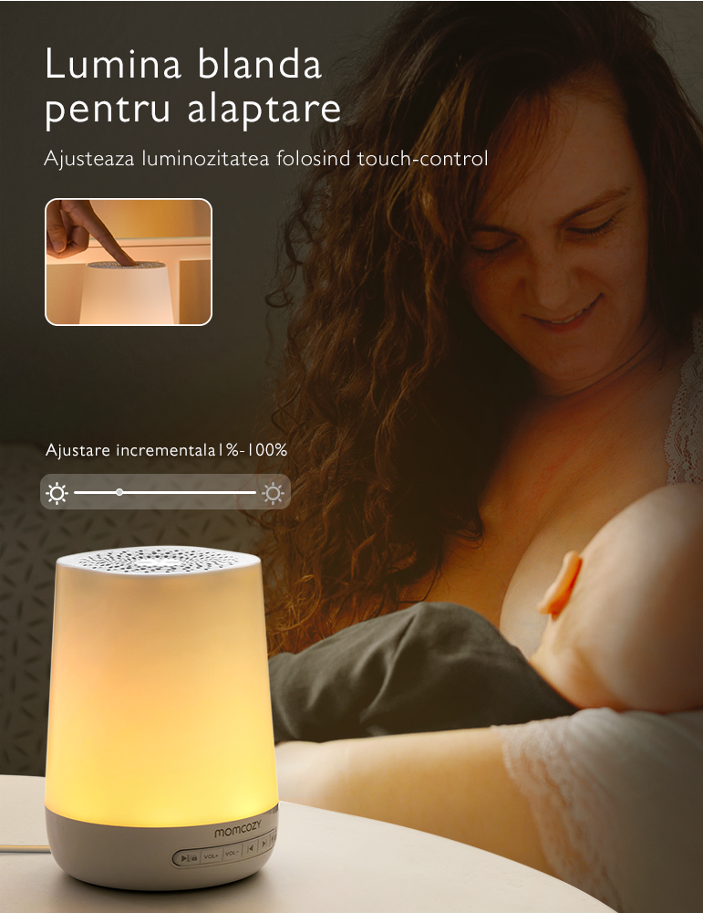 Lampa de veghe Smart Momcozy cu Lumina Reglabila, Sunet White Noise si Control prin Aplicatie