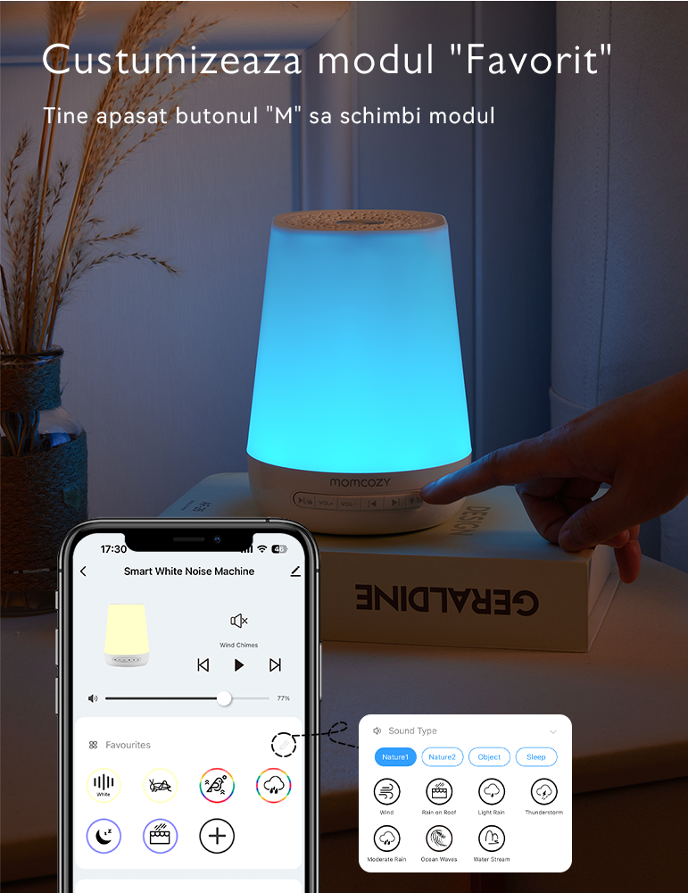 Lampa de veghe Smart Momcozy cu Lumina Reglabila, Sunet White Noise si Control prin Aplicatie