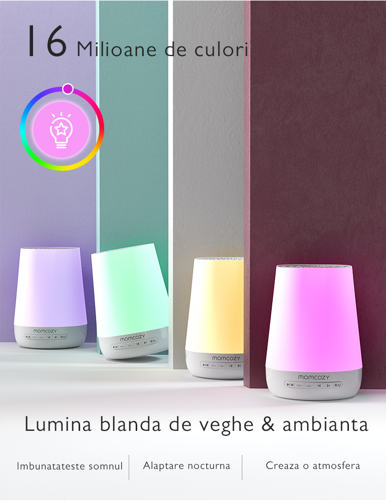 Lampa de veghe Smart Momcozy cu Lumina Reglabila, Sunet White Noise si Control prin Aplicatie