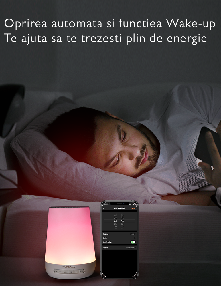 Lampa de veghe Smart Momcozy cu Lumina Reglabila, Sunet White Noise si Control prin Aplicatie