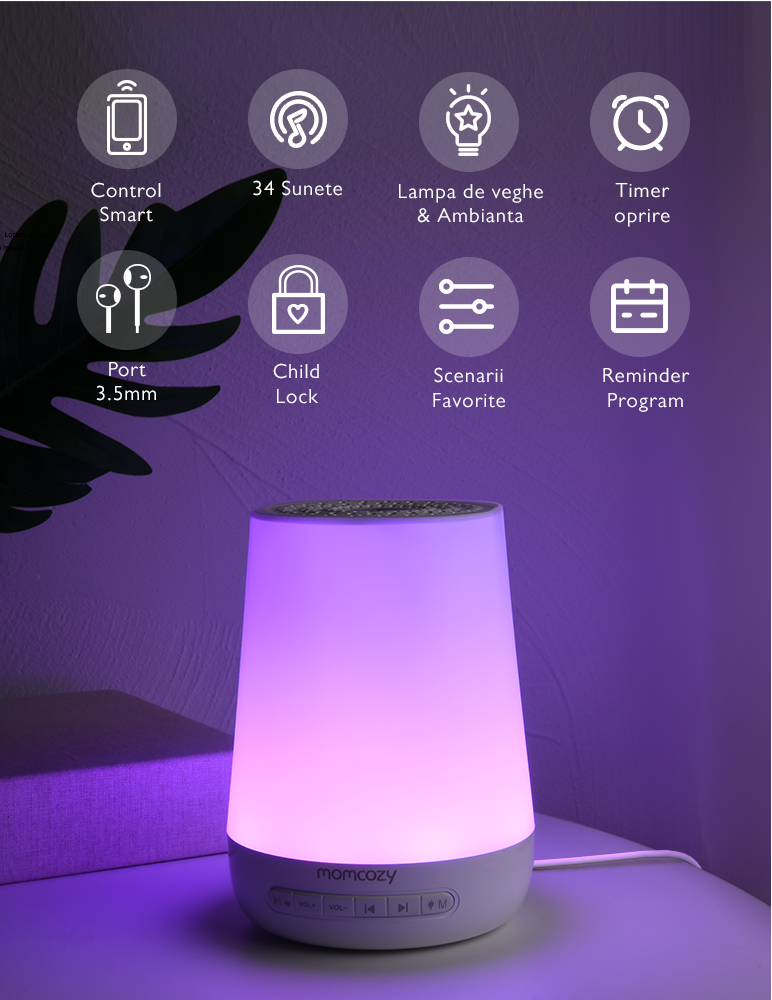 Lampa de veghe Smart Momcozy cu Lumina Reglabila, Sunet White Noise si Control prin Aplicatie