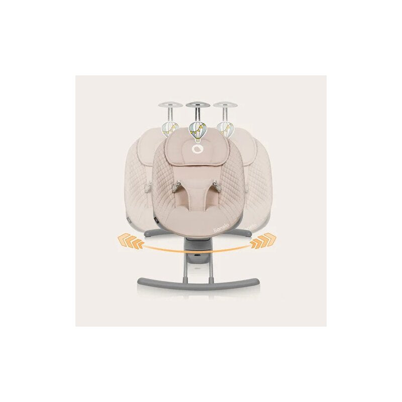 Leagan, Lionelo, Rio, Electric, Cu 3 viteze de leganare, Cu 8 melodii, Cu telecomanda, Cu husa detasabila, Cu perna detasabila, Centura in 3 puncte, Pana la 9 kg, Bej