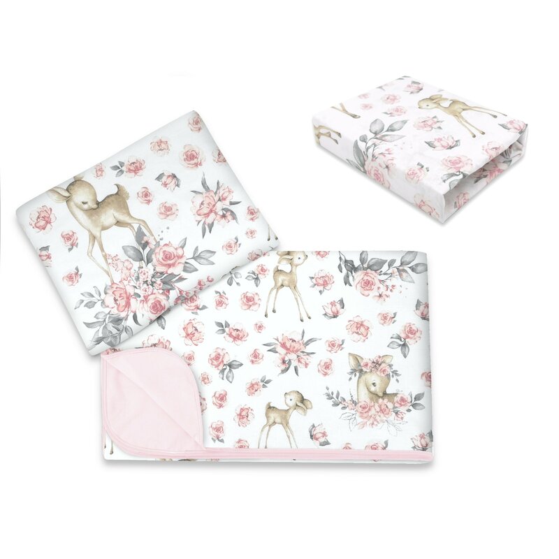 Lenjerie pătuț MimiNu Sweet Deer Pink, 3 piese, 120x60 cm cu păturică