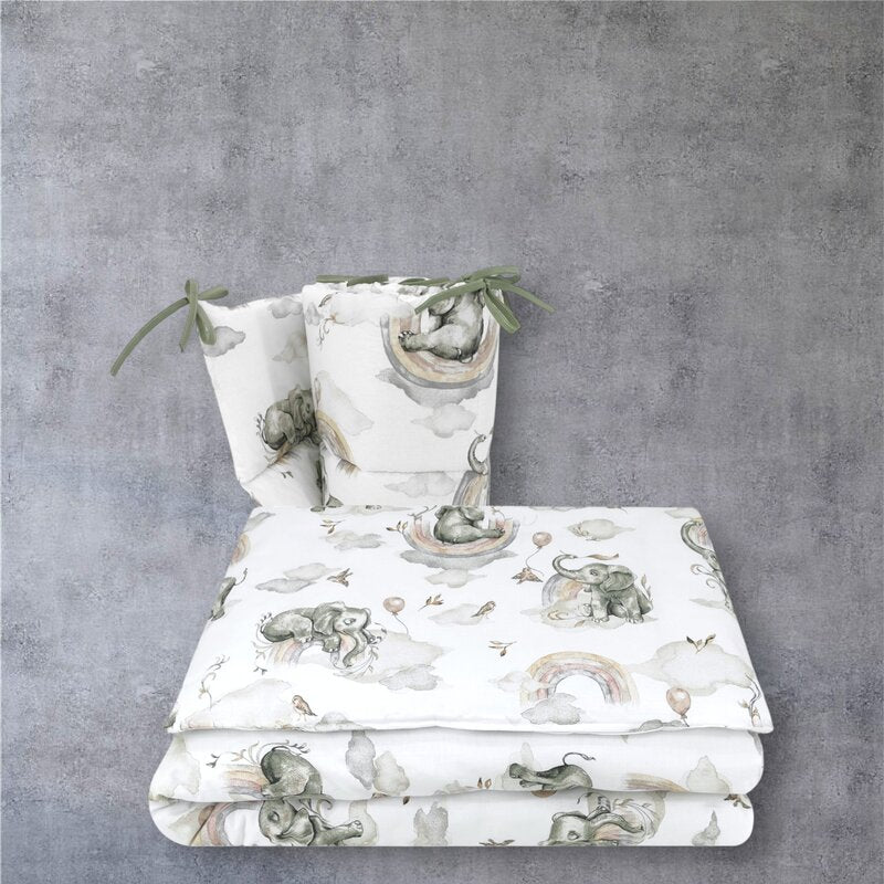 Lenjerie patut 3 piese, Qmini, Pentru patut 120x60 cm, Cu protectie laterala, Din bumbac certificat Oeko Tex Standard 100, Elephants on Rainbow