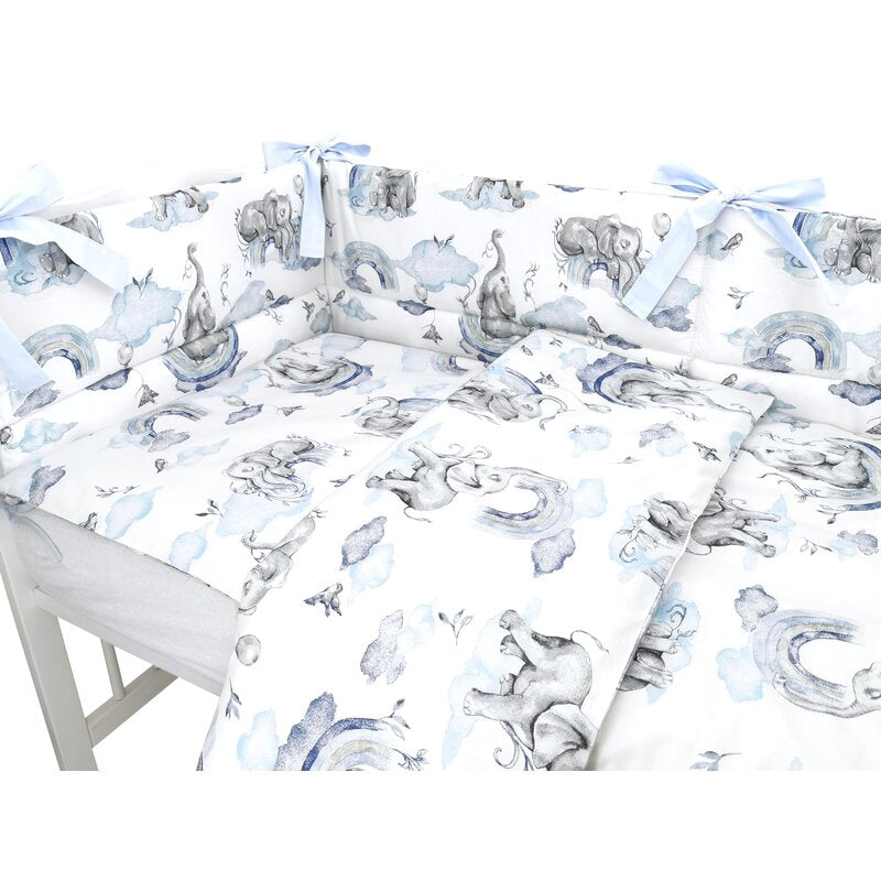 Lenjerie patut 3 piese, Qmini, Pentru patut 120x60 cm, Cu protectie laterala, Din bumbac certificat Oeko Tex Standard 100, Elephants on Rainbow Blue