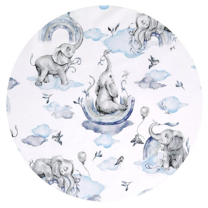 Lenjerie patut 3 piese, Qmini, Pentru patut 120x60 cm, Cu protectie laterala, Din bumbac certificat Oeko Tex Standard 100, Elephants on Rainbow Blue