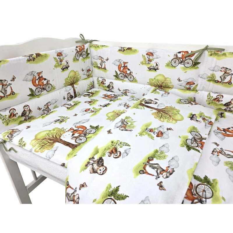 Lenjerie patut 3 piese, Qmini, Pentru patut 120x60 cm, Cu protectie laterala, Din bumbac certificat Oeko Tex Standard 100, Fox on bikes Natural