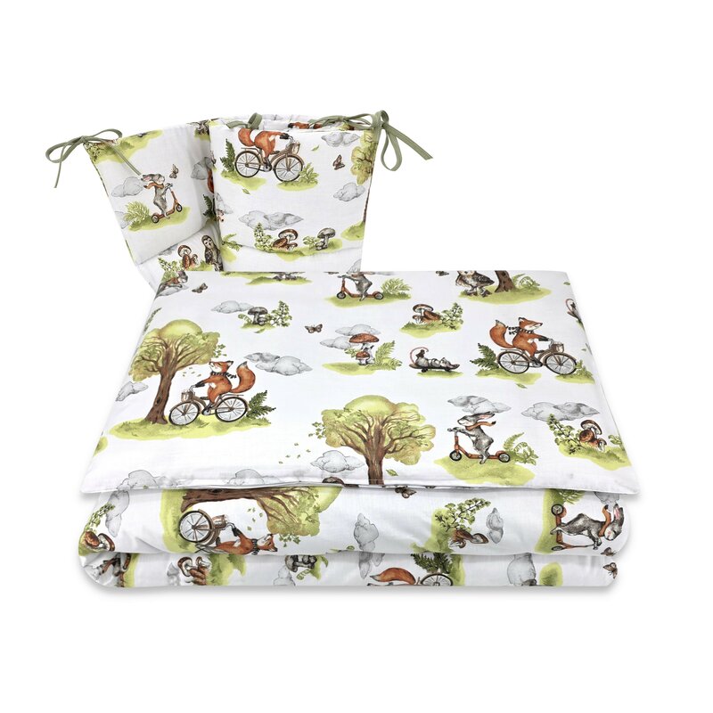 Lenjerie pătuț Qmini Fox on bikes Natural 120x60 cm, 3 piese – imagine 6