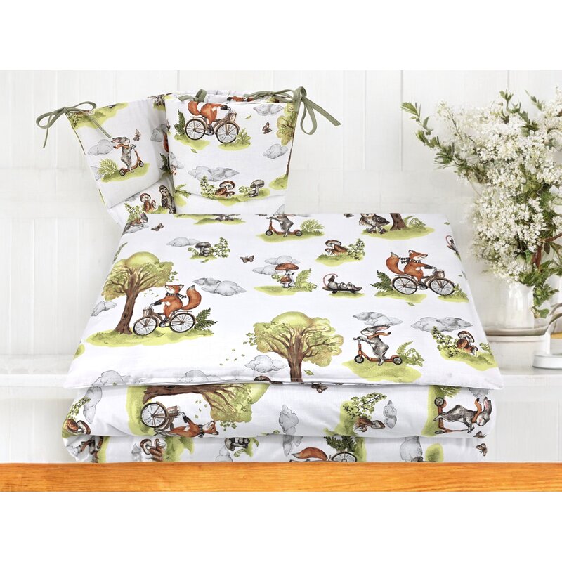 Lenjerie pătuț Qmini Fox on bikes Natural 120x60 cm, 3 piese – imagine 7
