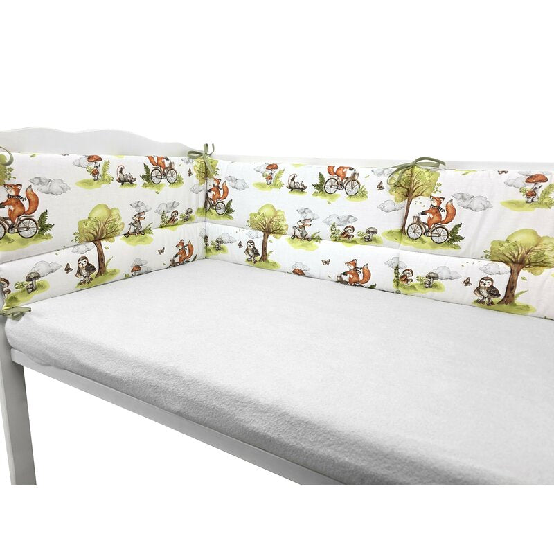 Lenjerie patut 3 piese, Qmini, Pentru patut 120x60 cm, Cu protectie laterala, Din bumbac certificat Oeko Tex Standard 100, Fox on bikes Natural