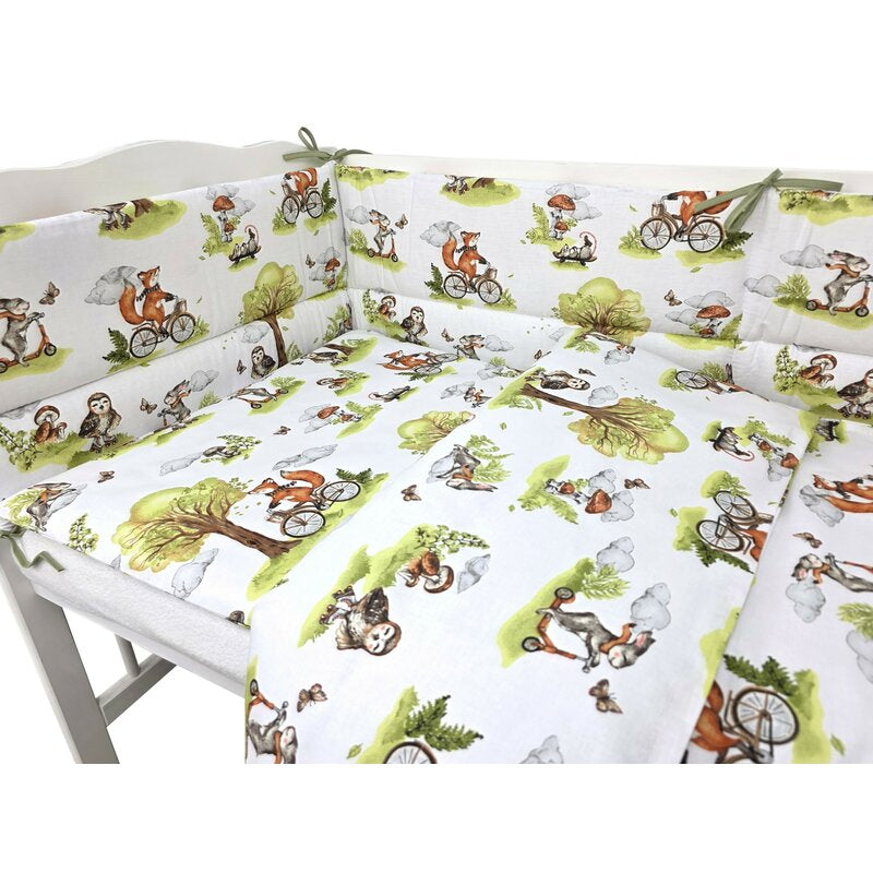 Lenjerie pătuț Qmini Fox on bikes Natural 120x60 cm, 3 piese – imagine 4