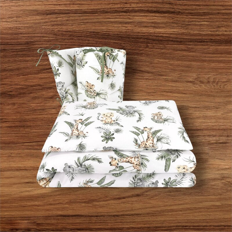 Lenjerie patut 3 piese, Qmini, Pentru patut 120x60 cm, Cu protectie laterala, Din bumbac certificat Oeko Tex Standard 100, Safari