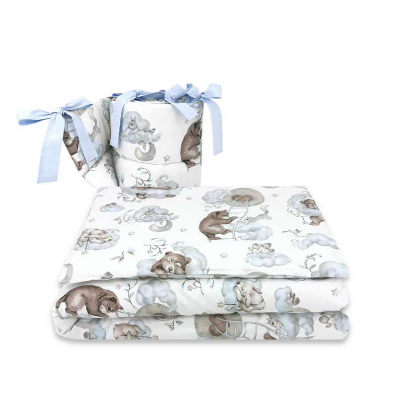 Lenjerie pătuț Qmini Teddy Bear & Friends Blue 120x60 cm, 3 piese – vedere set