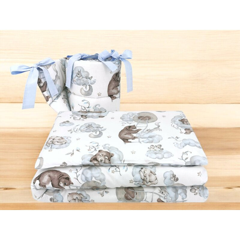 Lenjerie pătuț Qmini Teddy Bear & Friends Blue 120x60 cm, 3 piese – detaliu material