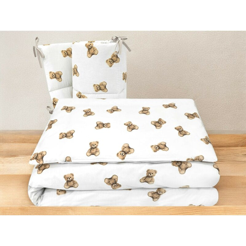 Lenjerie patut 3 piese, Qmini, Pentru patut 120x60 cm, Cu protectie laterala, Din bumbac certificat Oeko Tex Standard 100, Teddy Toys