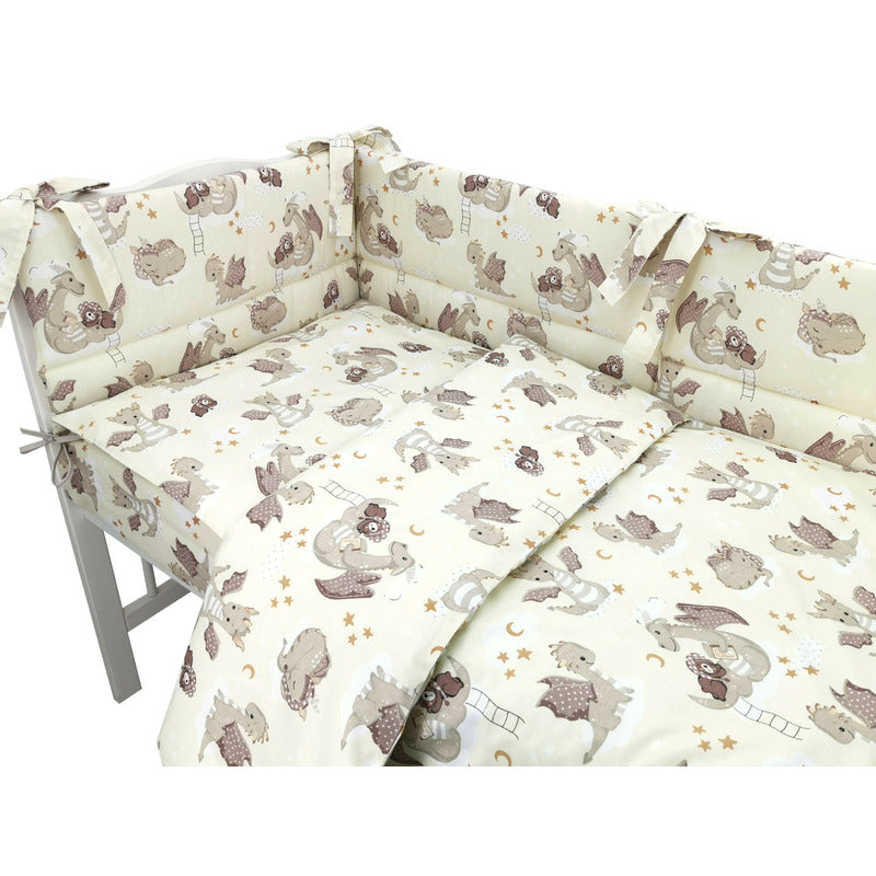 Lenjerie pătuț Qmini Dragons Beige 140x70 cm, 3 piese – prezentare lenjerie