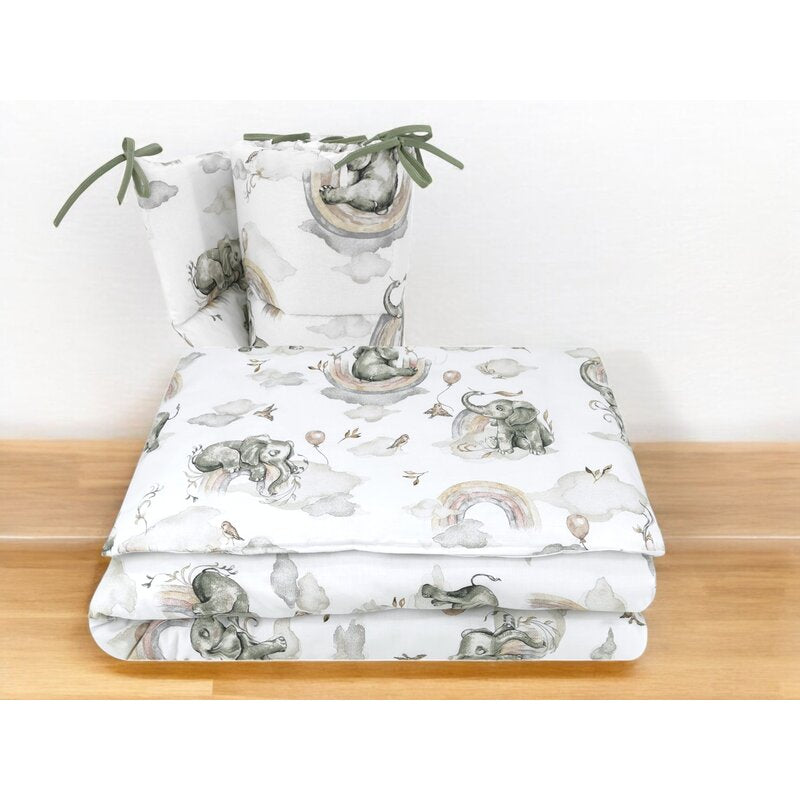 Lenjerie patut 3 piese, Qmini, Pentru patut 140x70 cm, Cu protectie laterala, Din bumbac certificat Oeko Tex Standard 100, Elephants on Rainbow