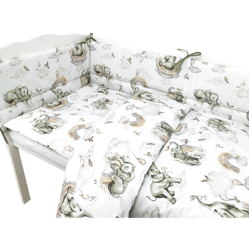 Lenjerie patut 3 piese, Qmini, Pentru patut 140x70 cm, Cu protectie laterala, Din bumbac certificat Oeko Tex Standard 100, Elephants on Rainbow