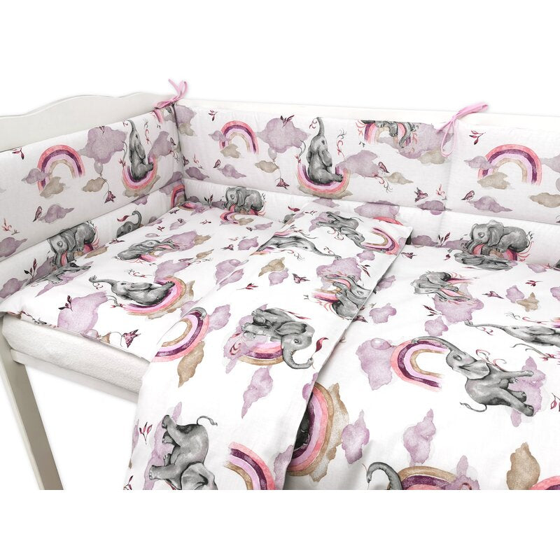 Lenjerie patut 3 piese, Qmini, Pentru patut 140x70 cm, Cu protectie laterala, Din bumbac certificat Oeko Tex Standard 100, Elephants on Rainbow Pink