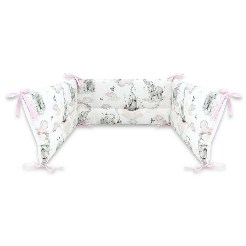 Lenjerie patut 3 piese, Qmini, Pentru patut 140x70 cm, Cu protectie laterala, Din bumbac certificat Oeko Tex Standard 100, Elephants on Rainbow Pink