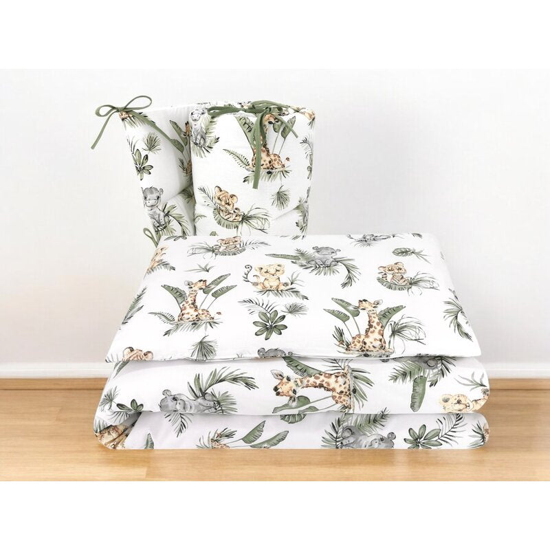 Lenjerie patut 3 piese, Qmini, Pentru patut 140x70 cm, Cu protectie laterala, Din bumbac certificat Oeko Tex Standard 100, Safari