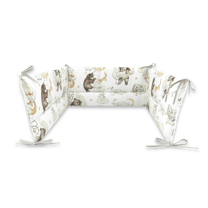 Lenjerie patut 3 piese, Qmini, Pentru patut 140x70 cm, Cu protectie laterala, Din bumbac certificat Oeko Tex Standard 100, Teddy Bear and Friends Beige