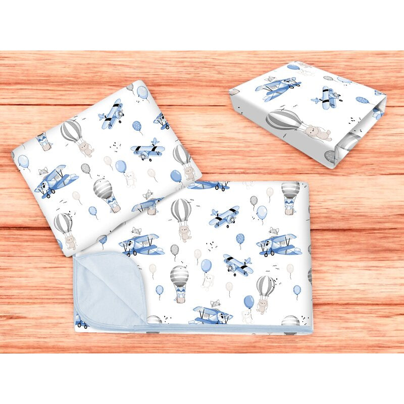 Lenjerie patut cu 3 piese, MimiNu, Cu cearceaf 120x60 cm, Din bumbac certificat Oeko Tex Standard 100, Cu paturica si pernuta, Blue Plane