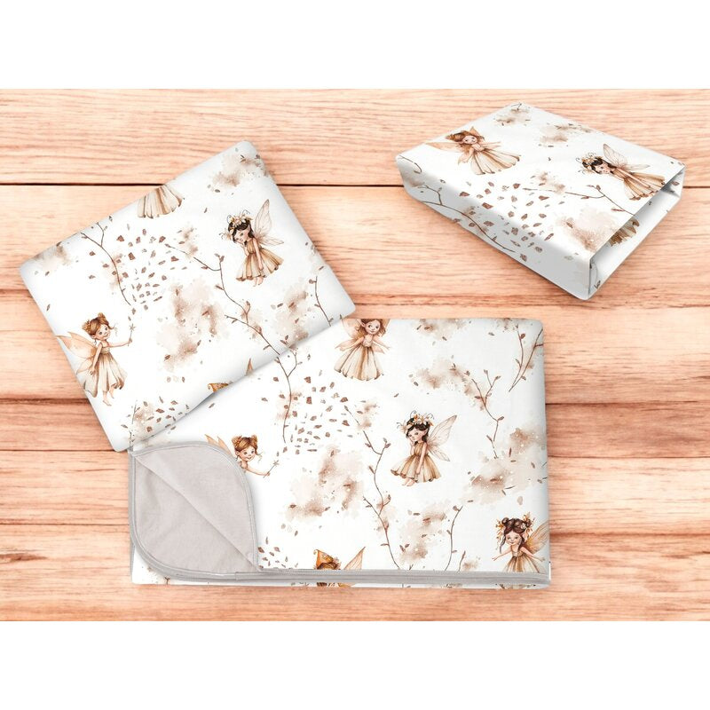 Lenjerie patut cu 3 piese, MimiNu, Cu cearceaf 120x60 cm, Din bumbac certificat Oeko Tex Standard 100, Cu paturica si pernuta, Fairy