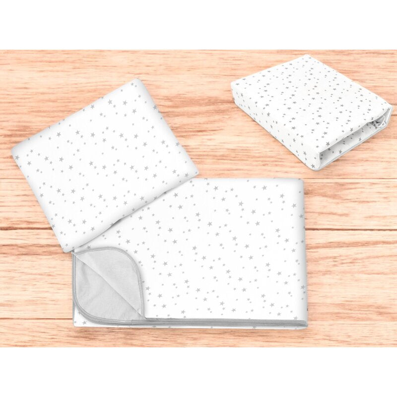 Lenjerie patut cu 3 piese, MimiNu, Cu cearceaf 120x60 cm, Din bumbac certificat Oeko Tex Standard 100, Cu paturica si pernuta, Mini Gray Stars