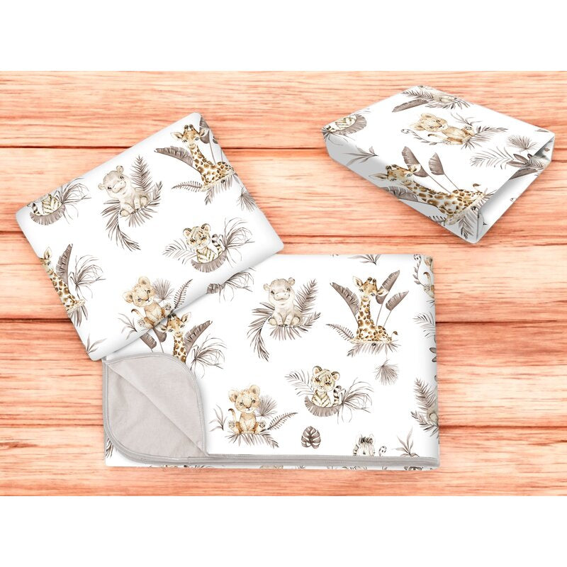 Lenjerie patut cu 3 piese, MimiNu, Cu cearceaf 120x60 cm, Din bumbac certificat Oeko Tex Standard 100, Cu paturica si pernuta, Savanna