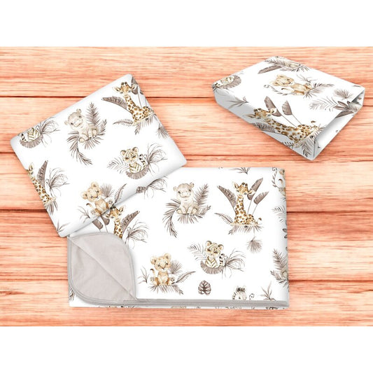 Lenjerie patut cu 3 piese, MimiNu, Cu cearceaf 120x60 cm, Din bumbac certificat Oeko Tex Standard 100, Cu paturica si pernuta, Savanna