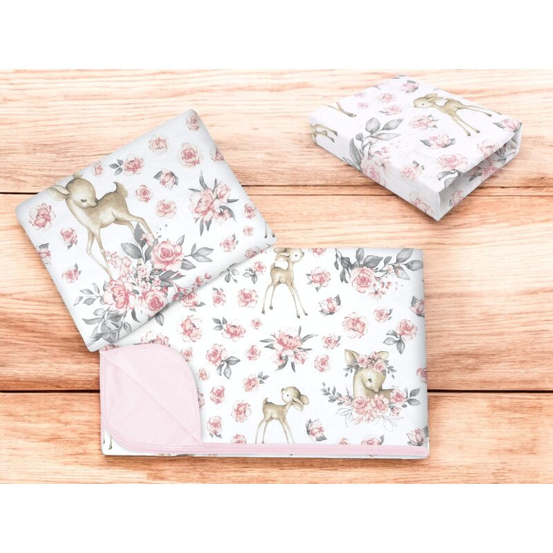 Lenjerie patut cu 3 piese, MimiNu, Cu cearceaf 120x60 cm, Din bumbac certificat Oeko Tex Standard 100, Cu paturica si pernuta, Sweet Deer Pink