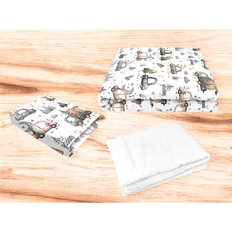 Lenjerie patut cu 3 piese, MimiNu, Cu cearceaf 120x60 cm, Din bumbac certificat Oeko Tex Standard 100, Cu pilota si husa pilota, 135x100 cm, Design, Cars Grey