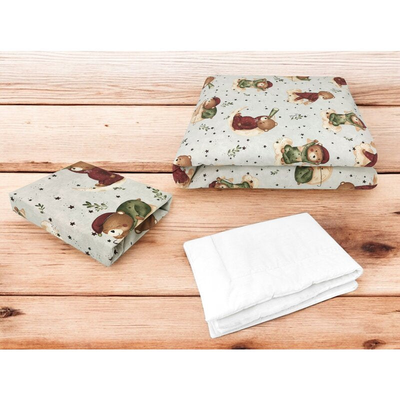 Lenjerie patut cu 3 piese, MimiNu, Cu cearceaf 120x60 cm, Din bumbac certificat Oeko Tex Standard 100, Cu pilota si husa pilota, 135x100 cm, Design, Teddy Bear On Moon