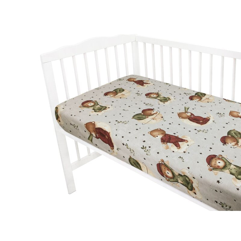 Lenjerie patut cu 3 piese, MimiNu, Cu cearceaf 120x60 cm, Din bumbac certificat Oeko Tex Standard 100, Cu pilota si husa pilota, 135x100 cm, Design, Teddy Bear On Moon