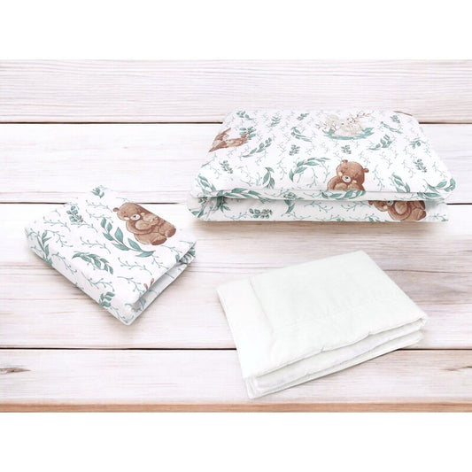 Lenjerie patut cu 3 piese, MimiNu, Cu cearceaf 120x60 cm, Din bumbac certificat Oeko Tex Standard 100, Cu pilota si husa pilota, 135x100 cm, Lulu Natural