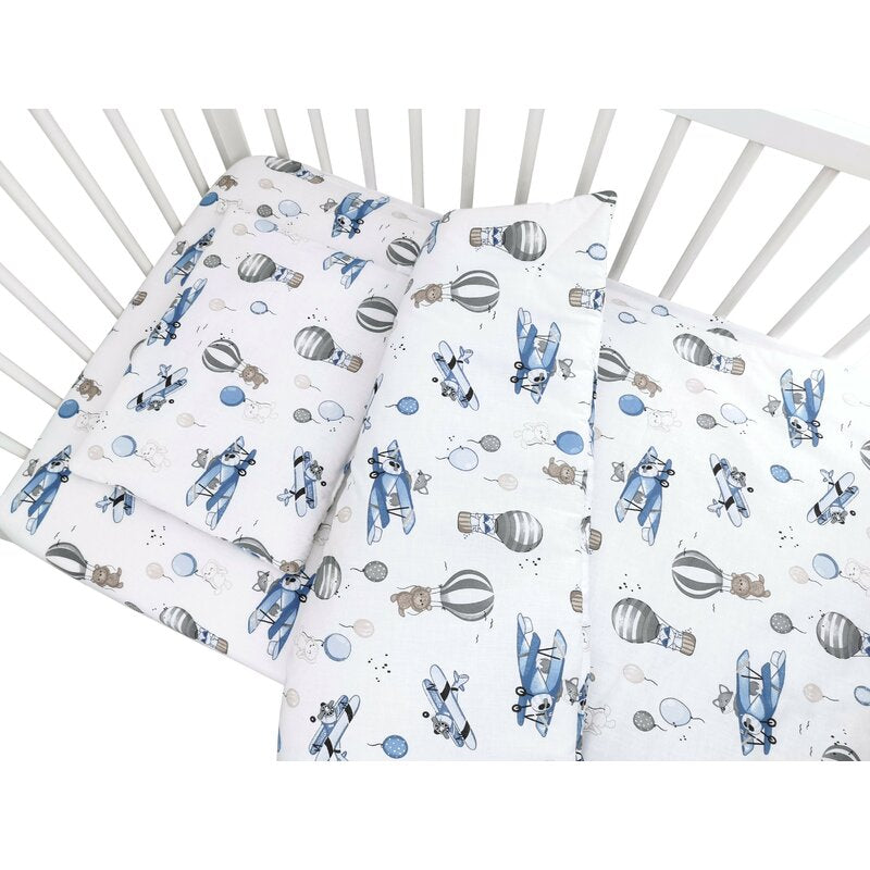 Lenjerie patut cu 3 piese, MimiNu, Cu cearceaf 120x60 cm, Pilota, Pernuta, Din bumbac certificat Oeko Tex Standard 100, Blue Plane