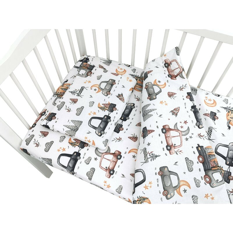 Lenjerie patut cu 3 piese, MimiNu, Cu cearceaf 120x60 cm, Pilota, Pernuta, Din bumbac certificat Oeko Tex Standard 100, Design, Cars Grey