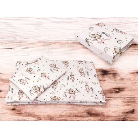 Lenjerie patut cu 3 piese, MimiNu, Cu cearceaf 120x60 cm, Pilota, Pernuta, Din bumbac certificat Oeko Tex Standard 100, Design, Little Ballerina Pink