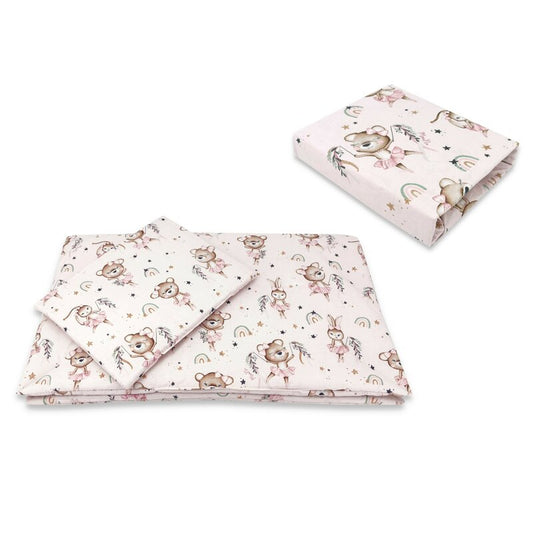Lenjerie patut cu 3 piese, MimiNu, Cu cearceaf 120x60 cm, Pilota, Pernuta, Din bumbac certificat Oeko Tex Standard 100, Design, Little Ballerina Pink
